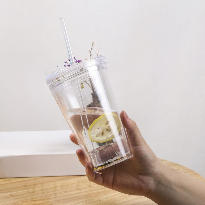 כוס פלסטיק דופן כפולה עם קש