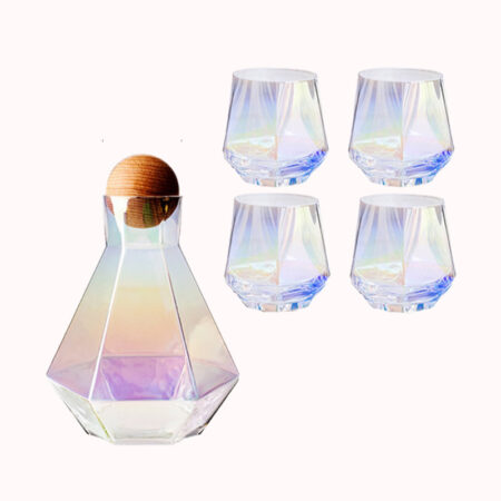 בקבוק זכוכית קריסטל יהלום צבעוני עם פקק עץ ו4 כוסות