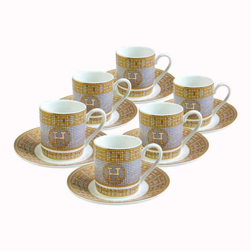 סט 6 ספלים אספרסו עם תחתית &ndash; אפור וזהב 1