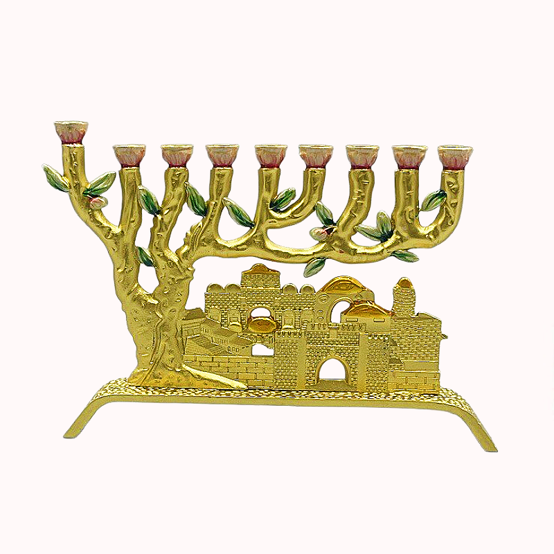 חנוכיית עץ הזית ונוף ירושלים - מוזהבת 1