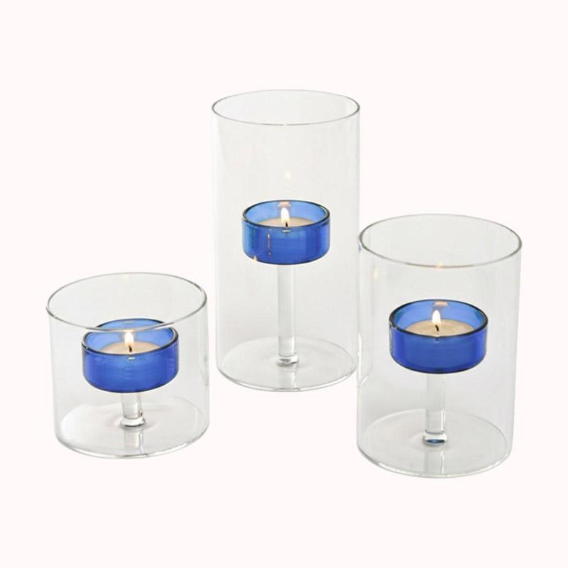 סט 3 פמוטי עששית מזכוכית בורוסיליקט - עיצוב מינימליסטי-כחול 1