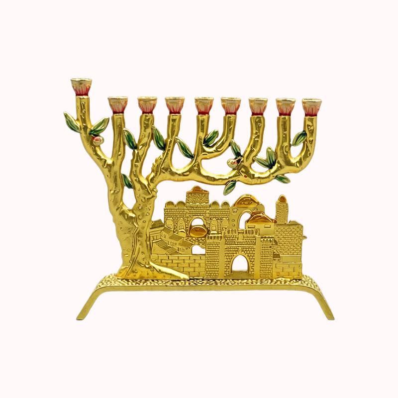 חנוכיית עץ הזית ונוף ירושלים - מוזהבת 1