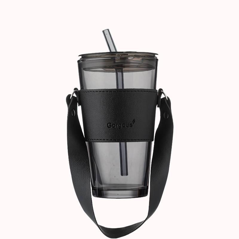 כוס זכוכית מושחרת עם מכסה וקשית - ידית עור שחור 1