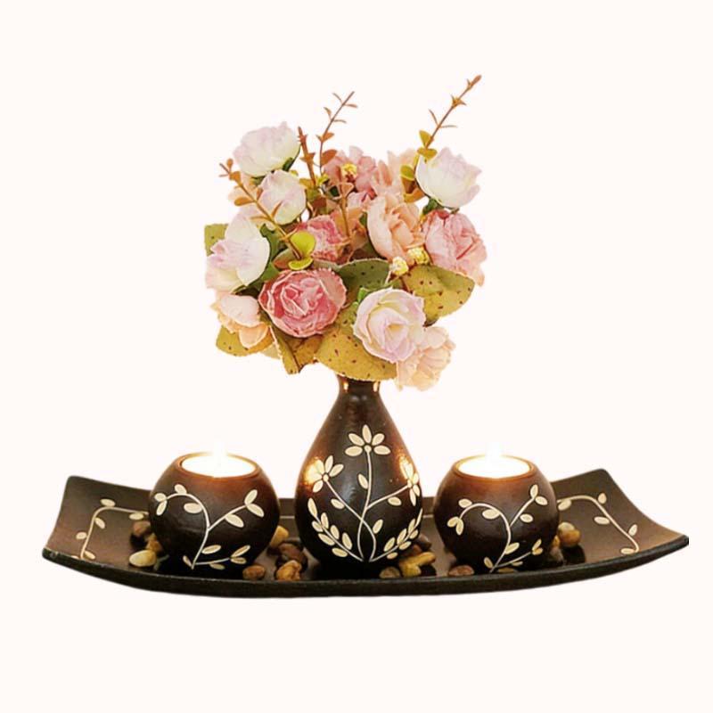 סט פמוטים ואגרטל מעץ בציור יד, סגנון זן, עם מגש 1